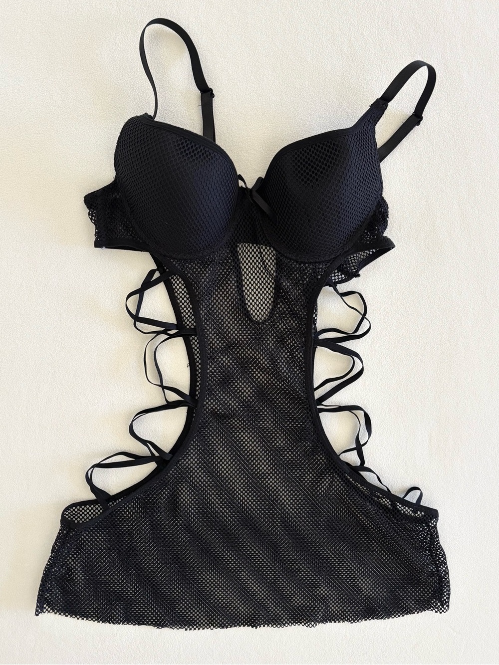 Black Mesh Lace Up Teddy Bodysuit Y2K Goth Lingerie Size Large